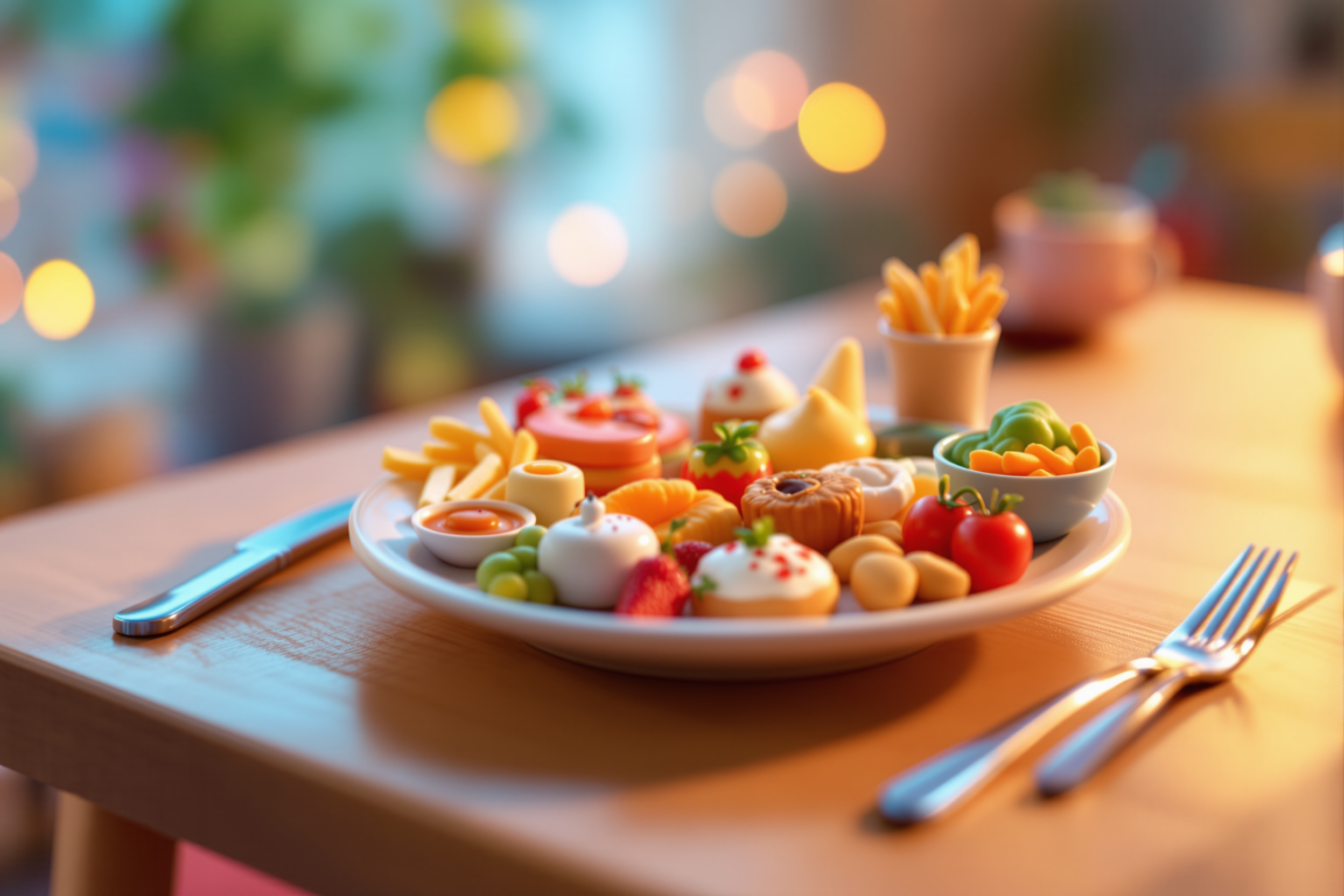 A tiny stylized plate of colorful food on a virtual table
