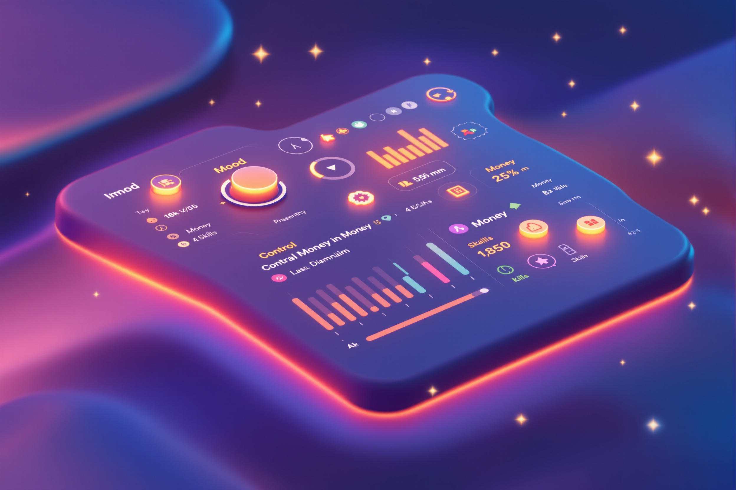 A playful control dashboard with dials and sliders for mood, money and skills