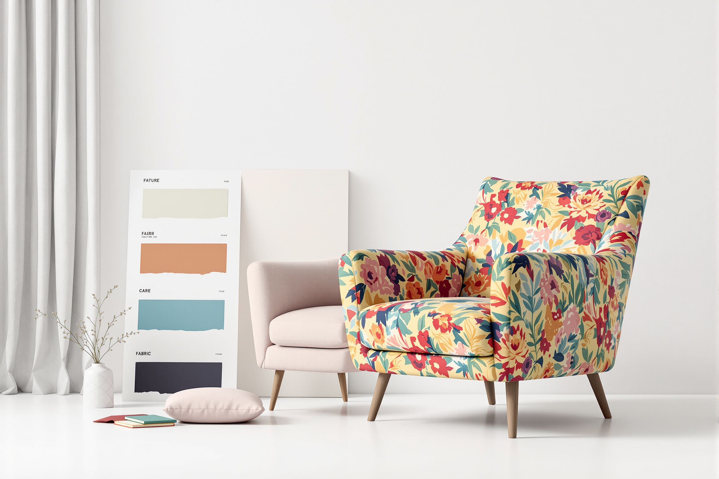 A color palette and swatches applied to a stylized armchair